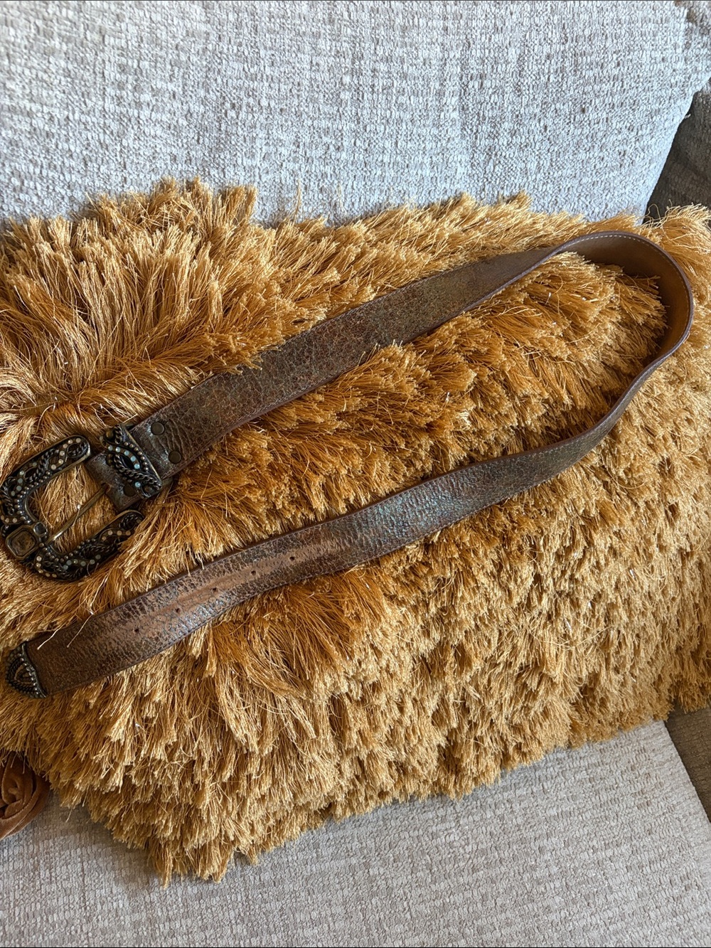 Women's Brown Leather Western-Style Belt with Embellished Buckle